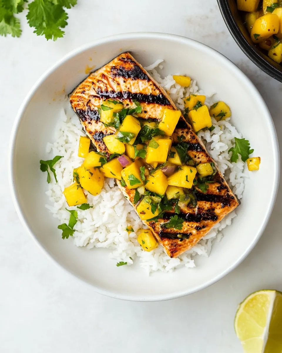 Homemade Grilled Salmon with Mango Salsa & Coconut Rice. recipe photo