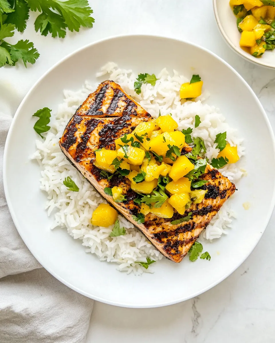 Classic Grilled Salmon with Mango Salsa & Coconut Rice. dish photo
