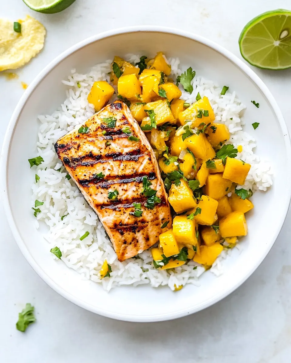 Easy Grilled Salmon with Mango Salsa & Coconut Rice. food shot
