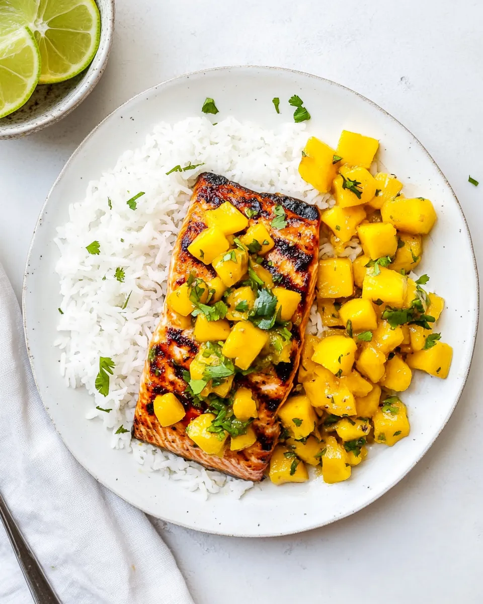 Delicious Grilled Salmon with Mango Salsa & Coconut Rice. plate image