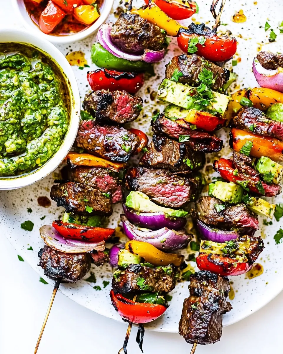 Easy Grilled Steak Fajita Skewers with Avocado Chimichurri food shot