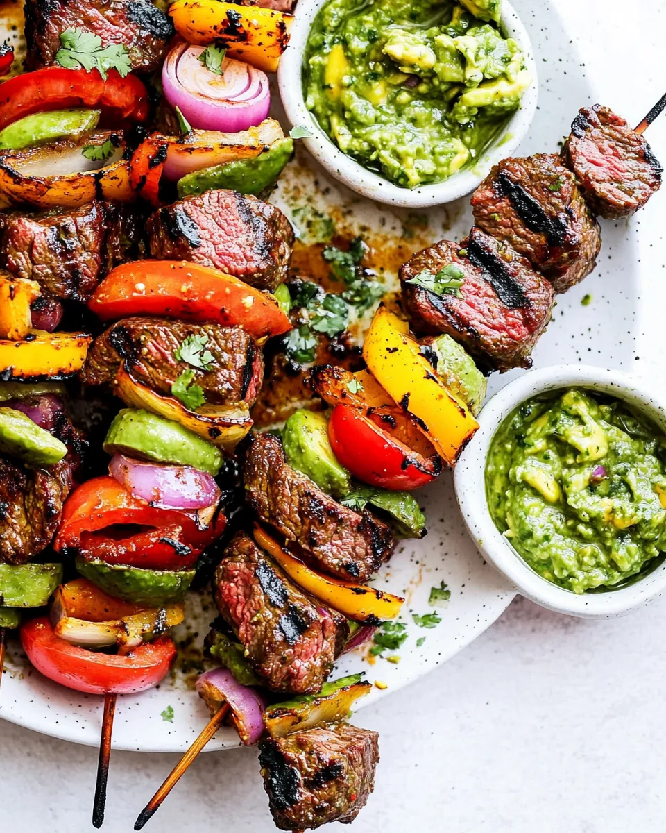 Delicious Grilled Steak Fajita Skewers with Avocado Chimichurri plate image