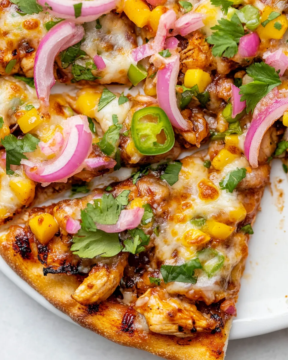 Delicious Grilled Summer BBQ Chicken Pizza. plate image