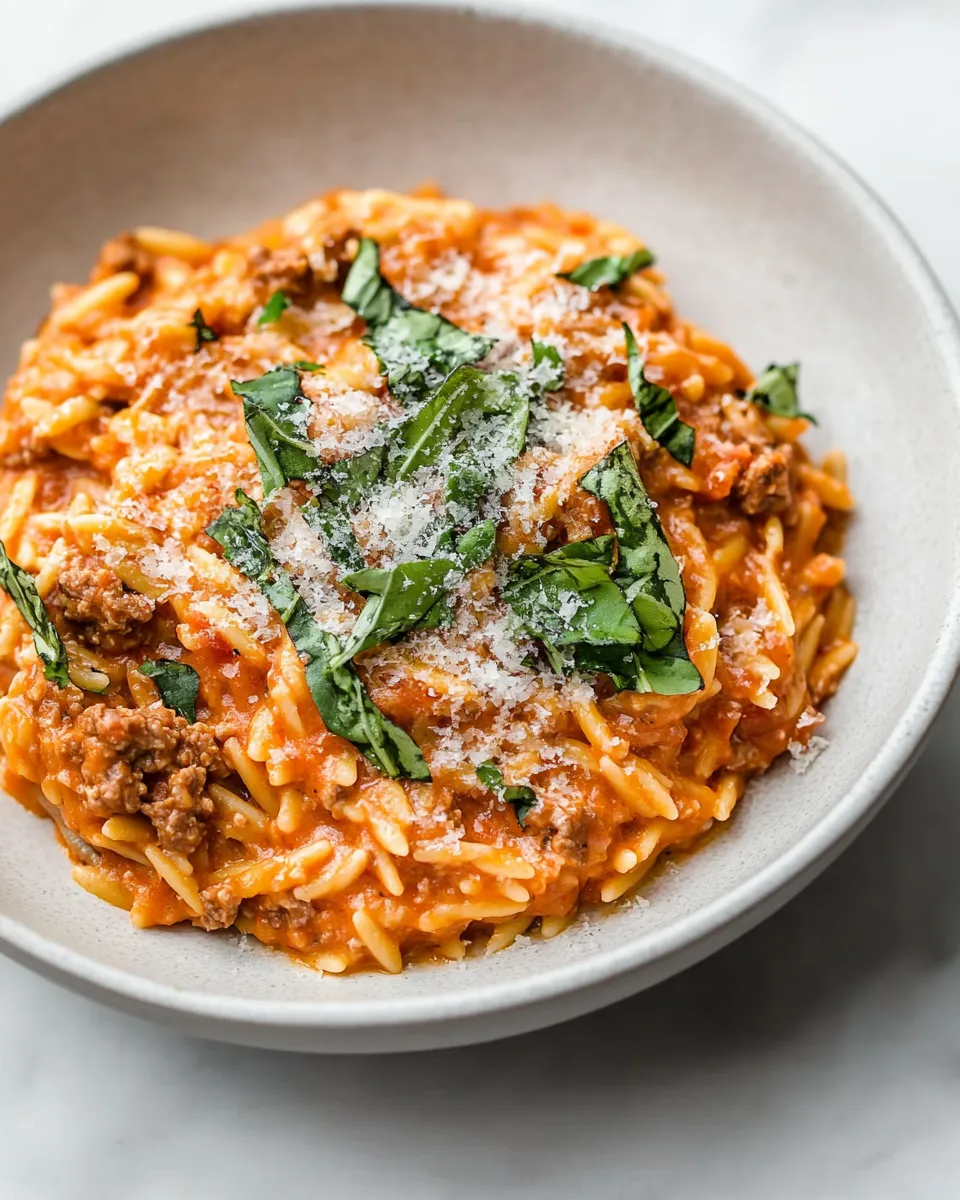 Homemade Ground Beef Orzo with Tomato Cream Sauce photo