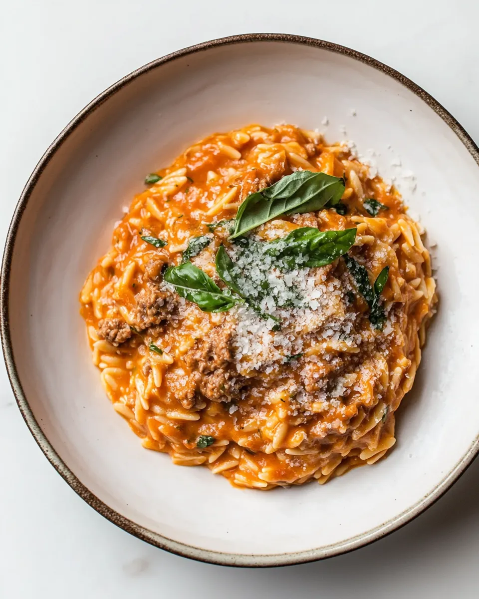 Classic Ground Beef Orzo with Tomato Cream Sauce recipe image