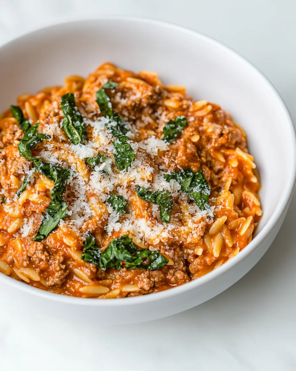 Easy Ground Beef Orzo with Tomato Cream Sauce dish photo