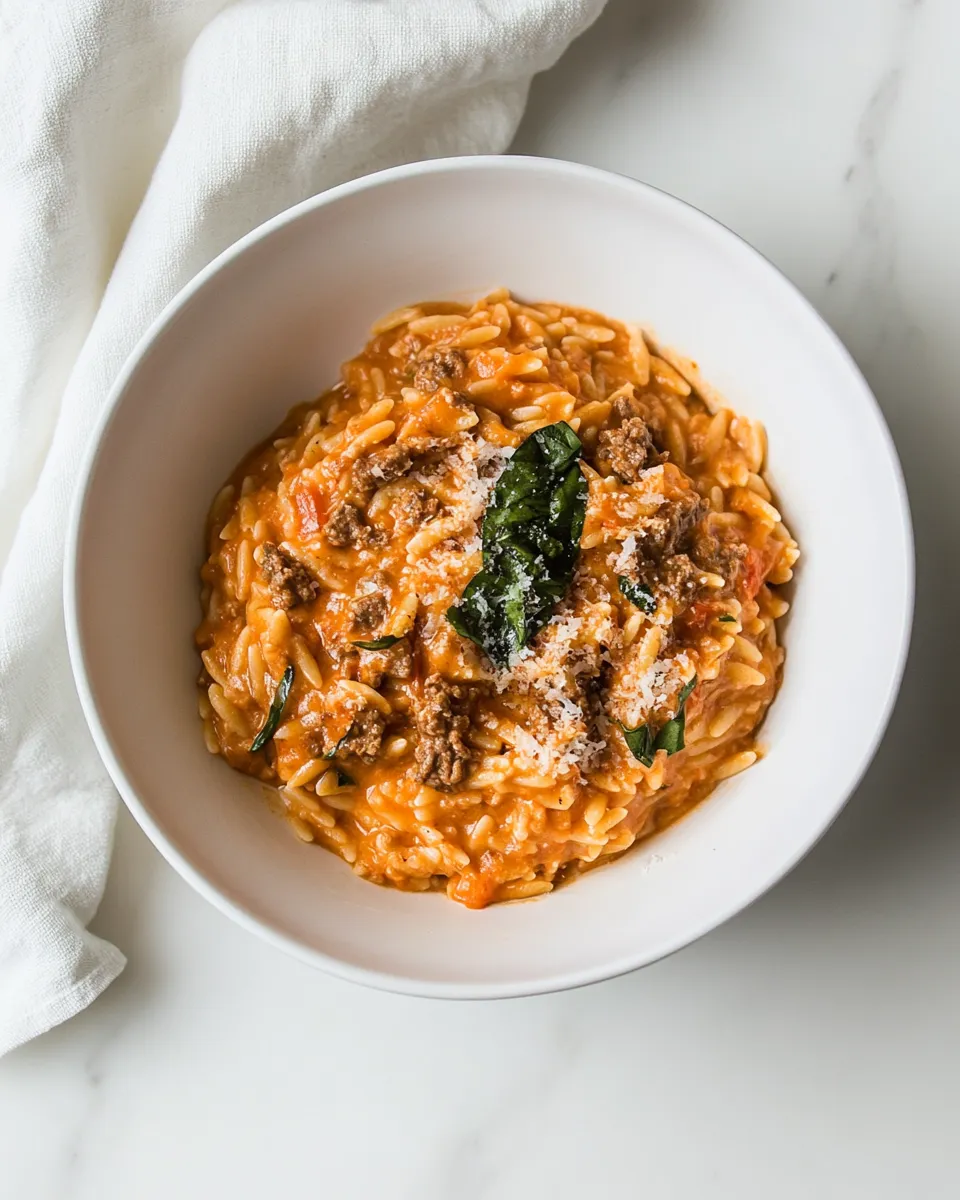 Delicious Ground Beef Orzo with Tomato Cream Sauce plate image