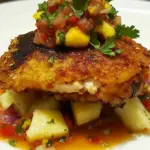 Homemade Harissa Chicken on Corn & Coriander Fritters with Pineapple Salsa recipe photo