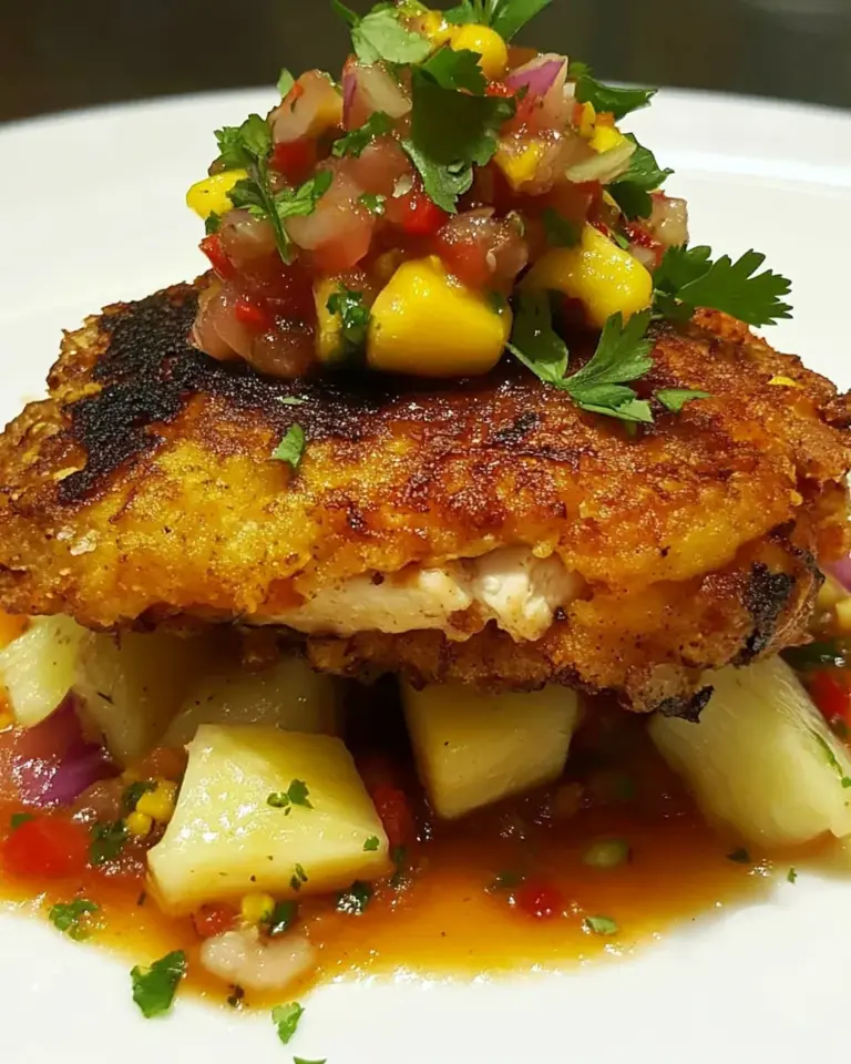 Homemade Harissa Chicken on Corn & Coriander Fritters with Pineapple Salsa recipe photo