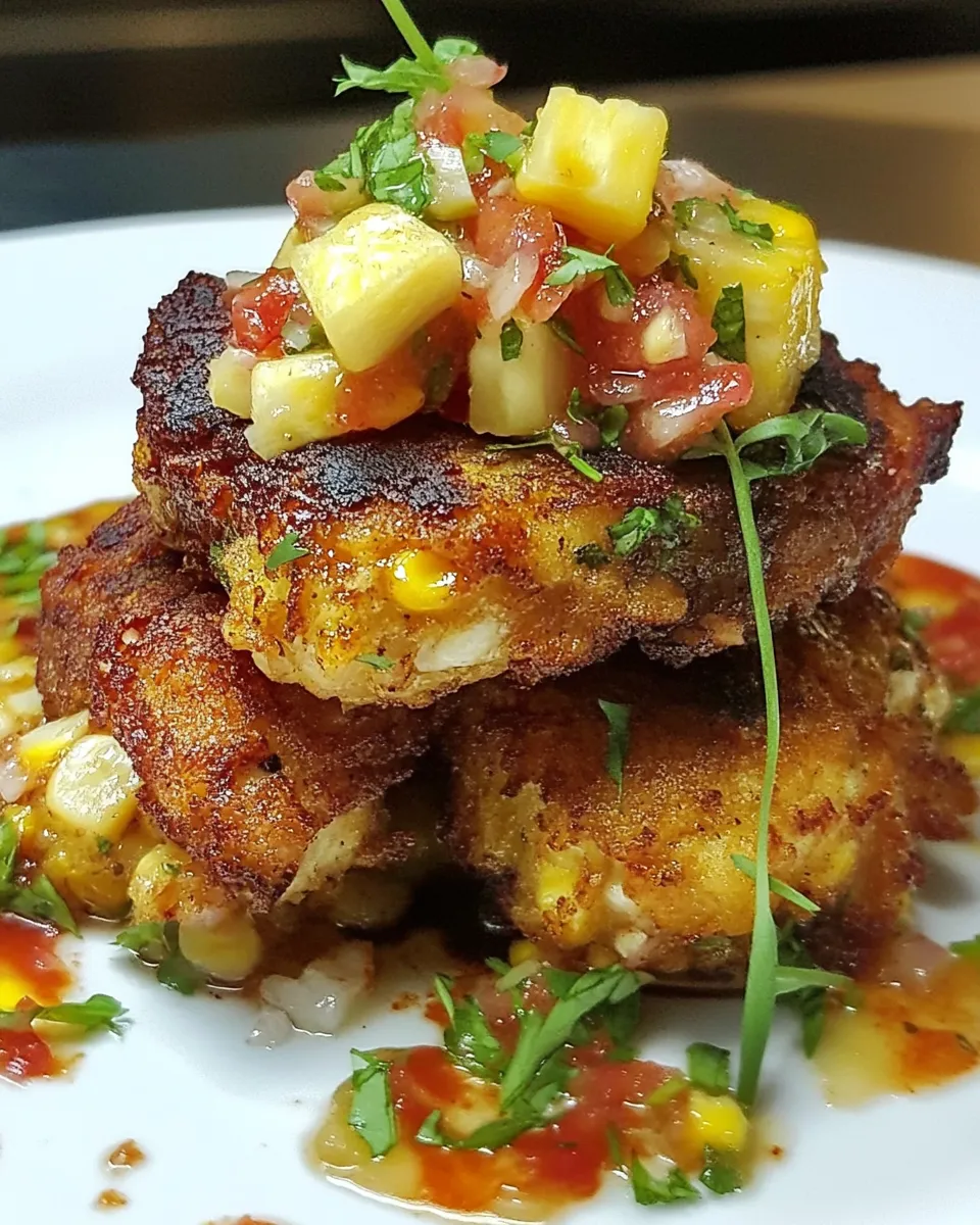 Classic Harissa Chicken on Corn & Coriander Fritters with Pineapple Salsa dish photo