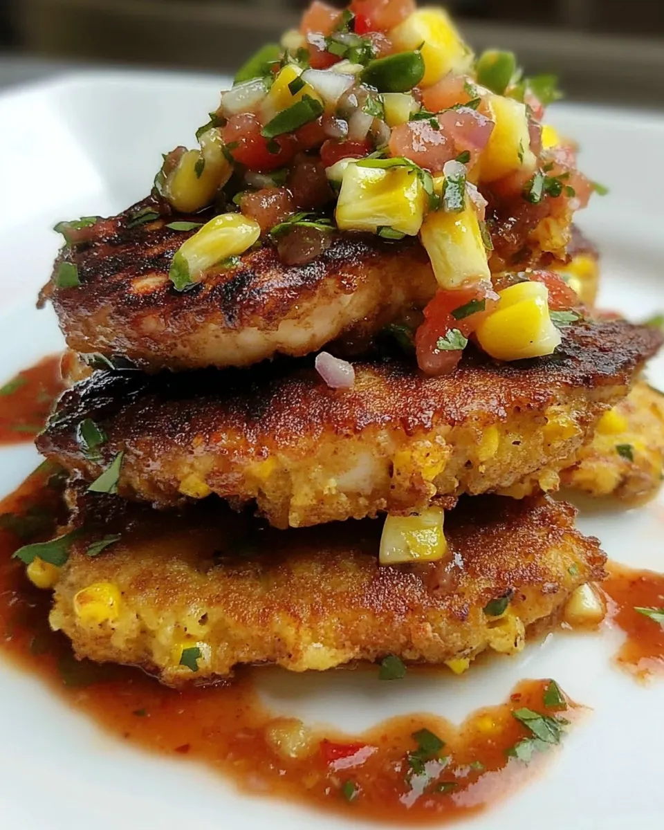 Easy Harissa Chicken on Corn & Coriander Fritters with Pineapple Salsa food shot