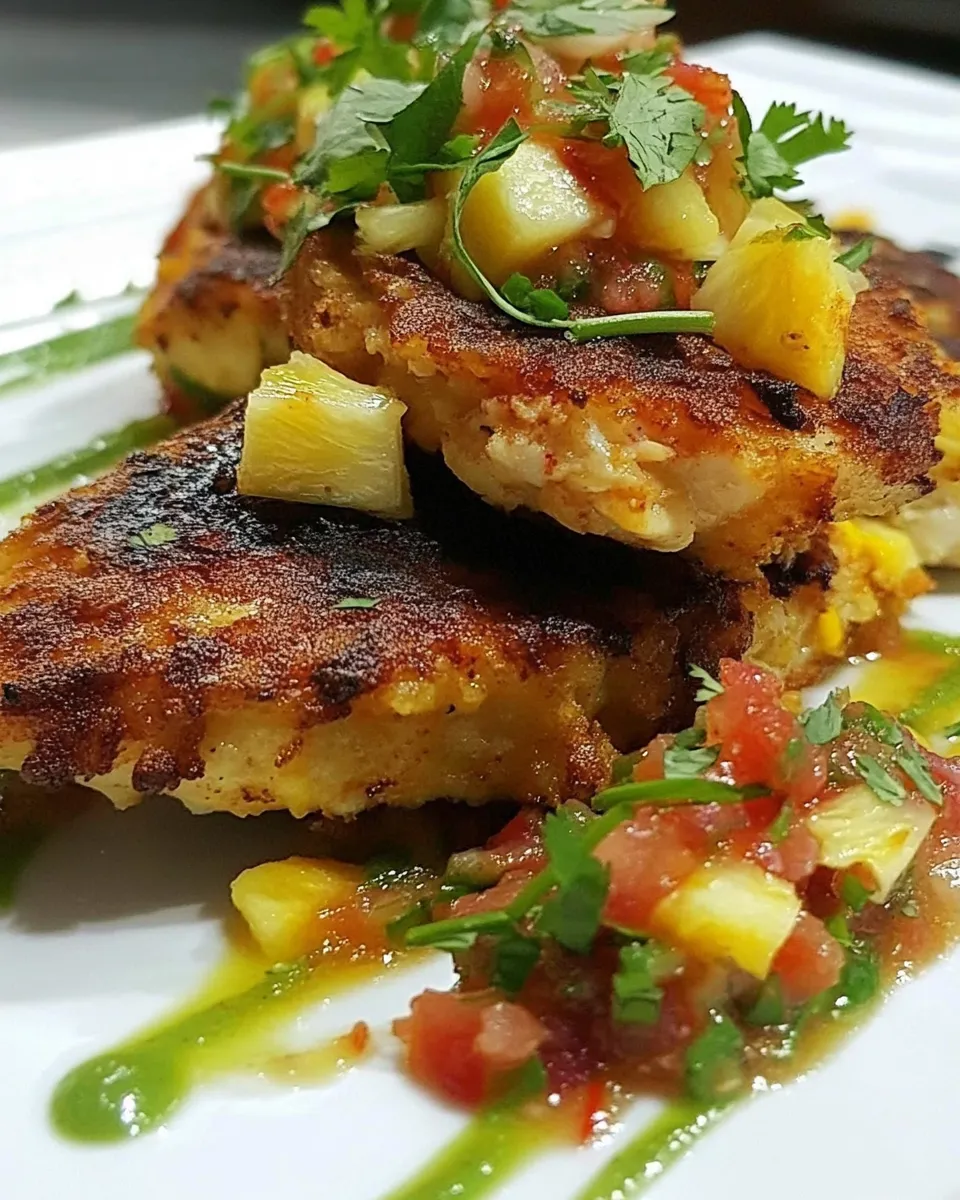 Delicious Harissa Chicken on Corn & Coriander Fritters with Pineapple Salsa plate image