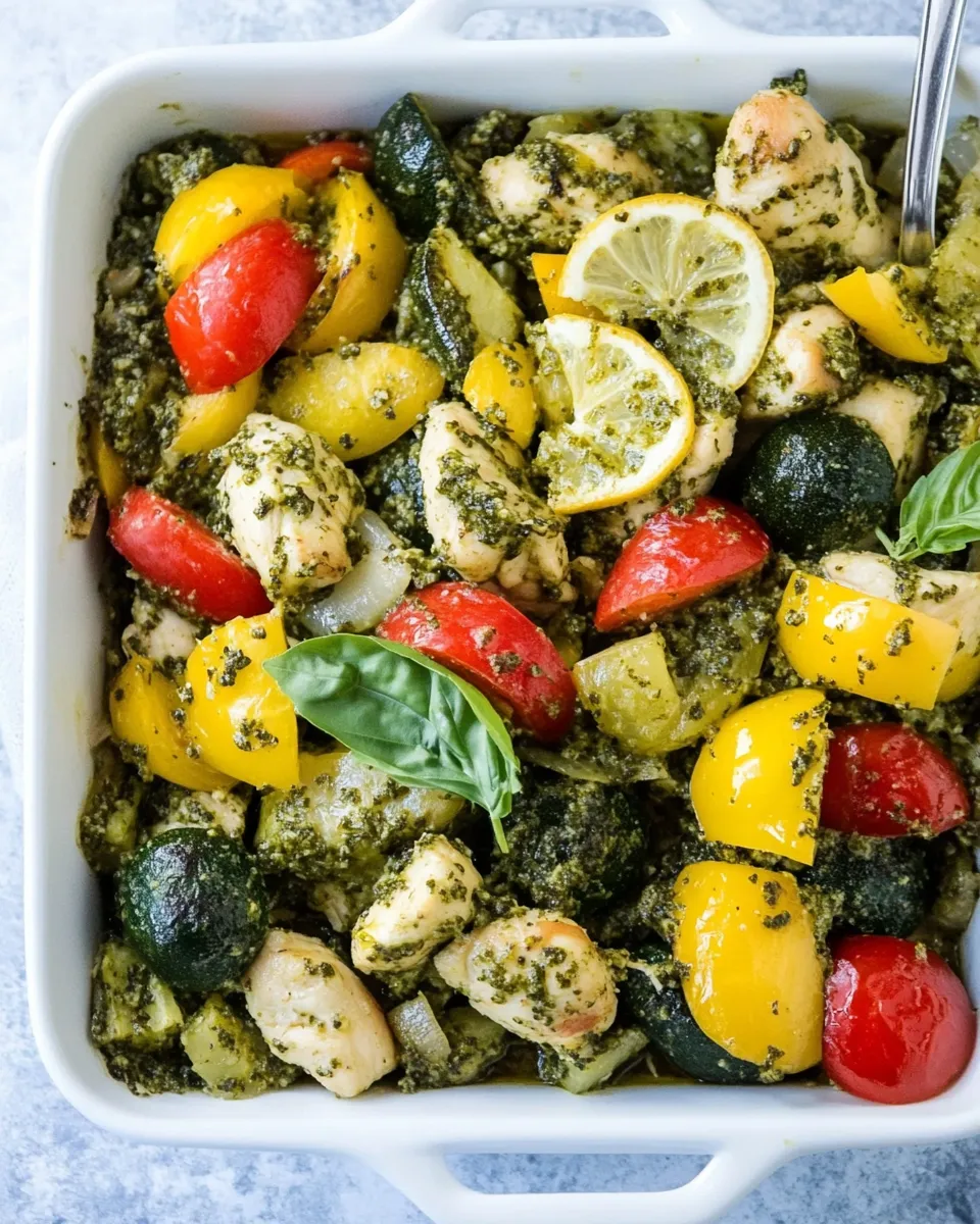 Delicious Healthy Pesto Chicken and Veggies (20 Minute Sheet Pan) food shot
