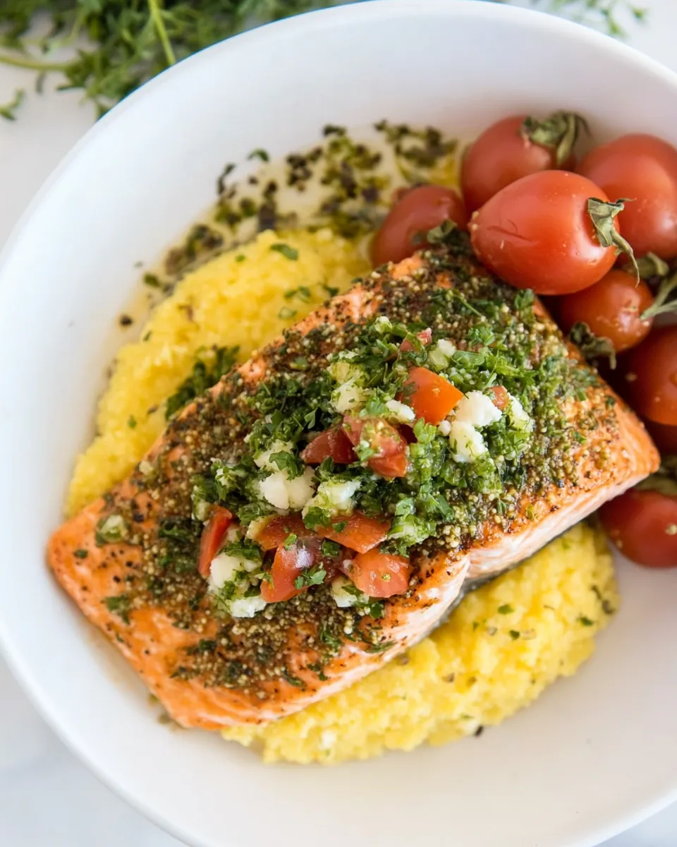 Healthy Herb Crusted Salmon with Goat Cheese Polenta image