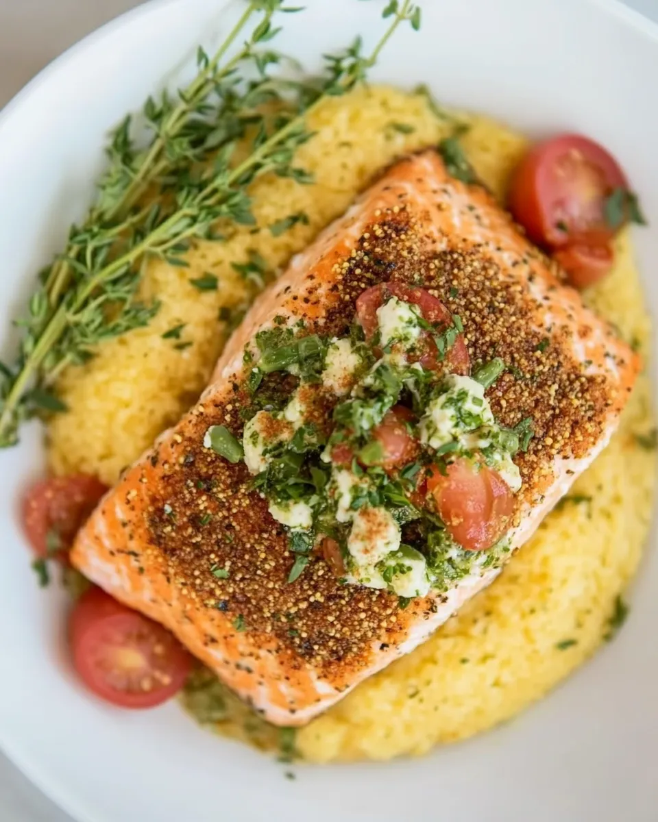 Easy Herb Crusted Salmon with Goat Cheese Polenta recipe photo