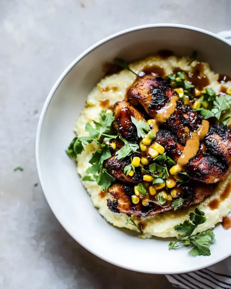 Homemade Honey BBQ Chicken and Charred Corn Polenta. food shot