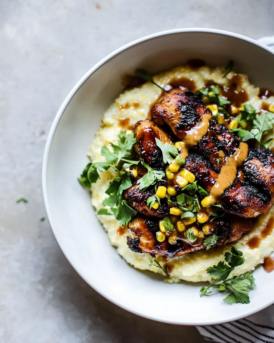 Homemade Honey BBQ Chicken and Charred Corn Polenta. food shot