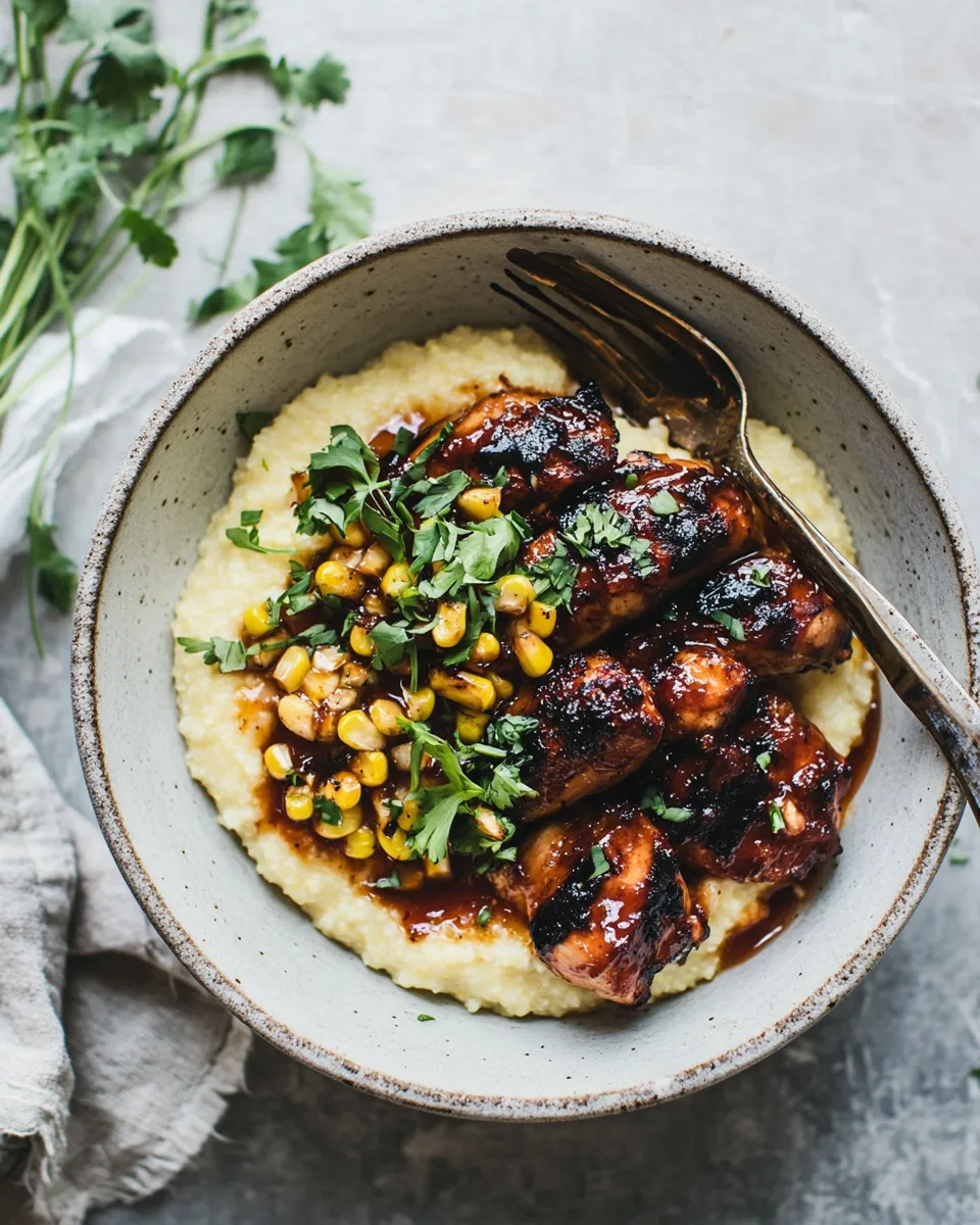 Delicious Honey BBQ Chicken and Charred Corn Polenta. plate image