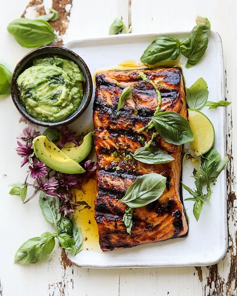 Delicious Honey Mustard Grilled Salmon with Avocado Basil Sauce. food shot