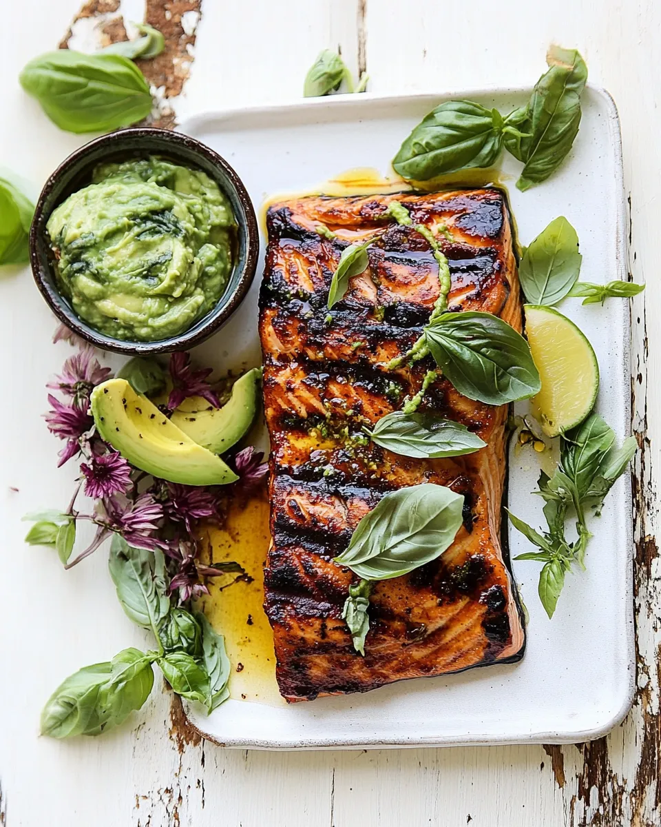 Delicious Honey Mustard Grilled Salmon with Avocado Basil Sauce. food shot