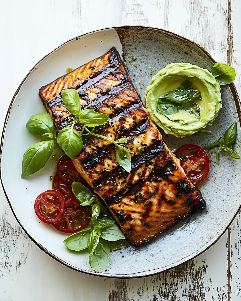 Healthy Honey Mustard Grilled Salmon with Avocado Basil Sauce. recipe photo