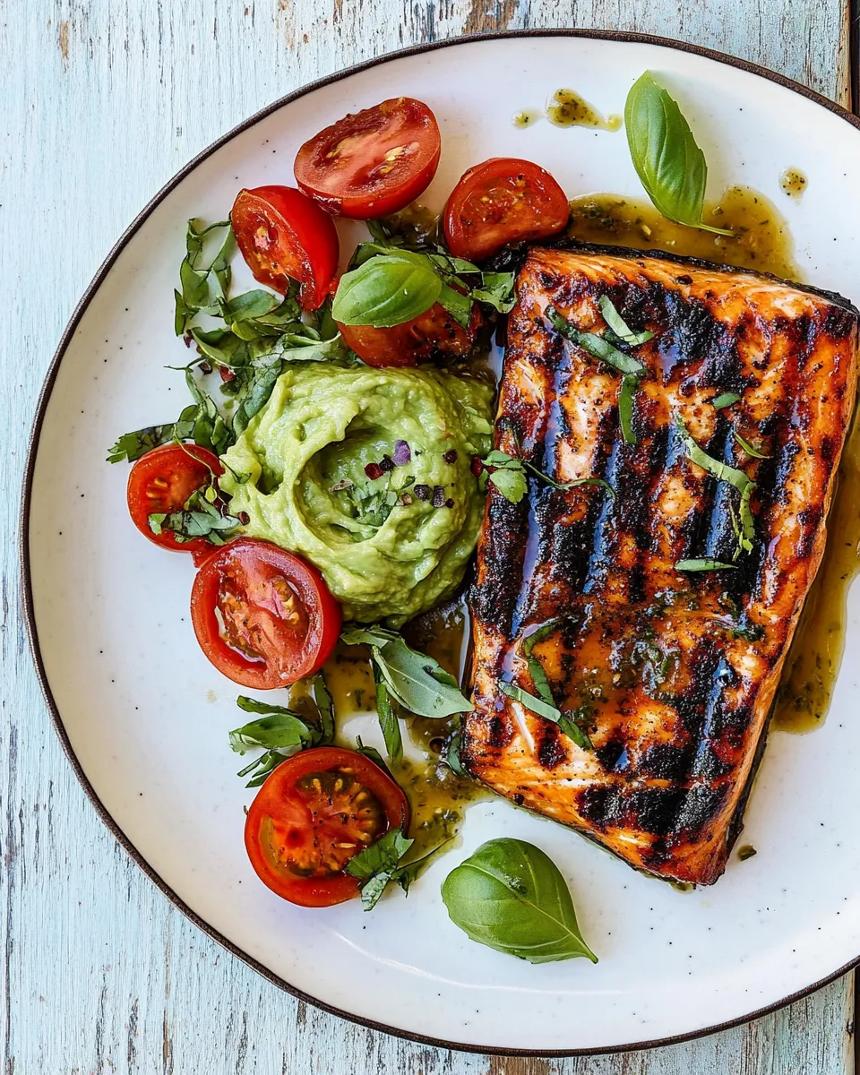 Easy Honey Mustard Grilled Salmon with Avocado Basil Sauce. dish photo