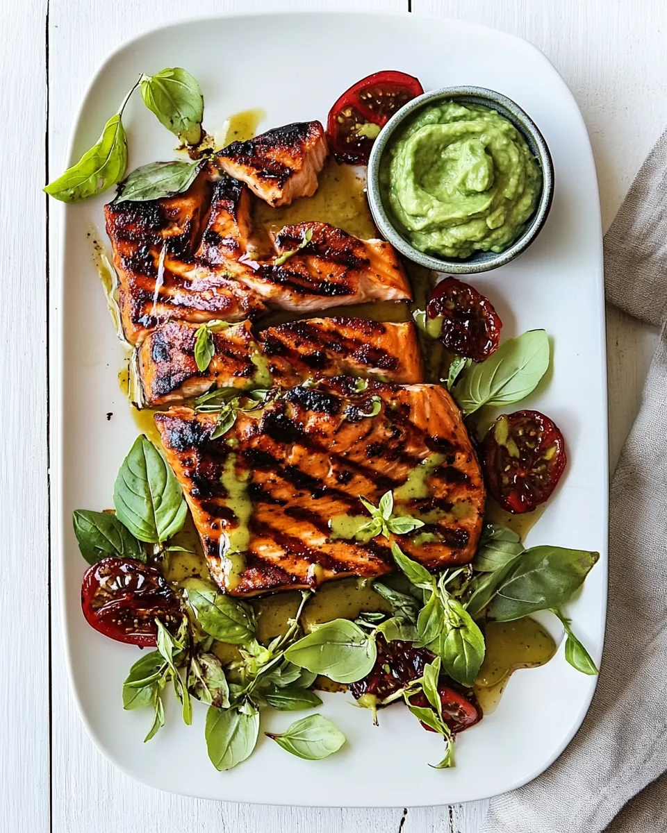 Fresh Honey Mustard Grilled Salmon with Avocado Basil Sauce. plate image