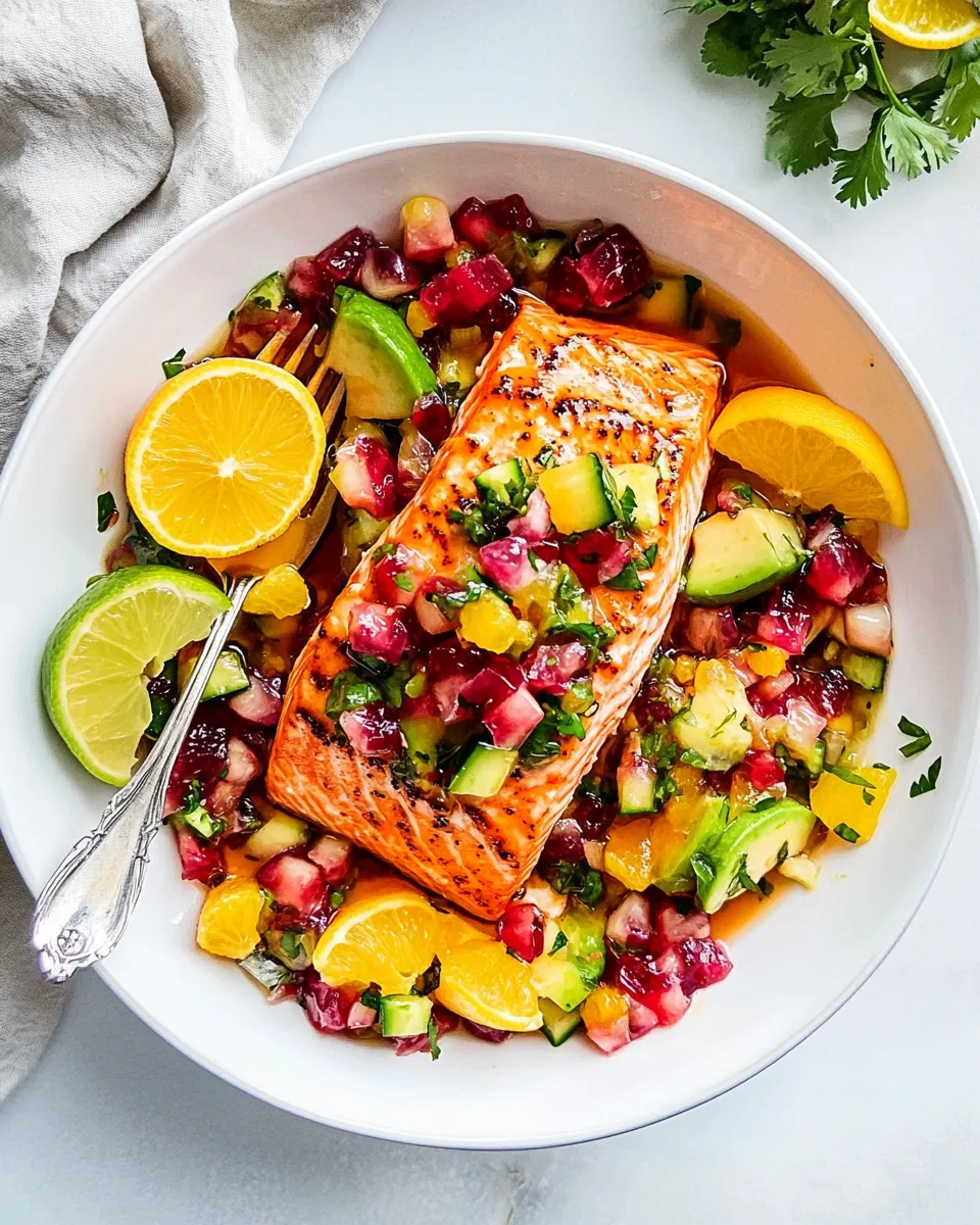 Delicious Honey Mustard Salmon with Citrus Salsa food shot