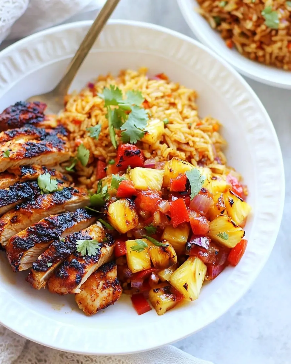 Homemade Jerk Chicken with Fired Rice and Grilled Pineapple Salsa. recipe photo