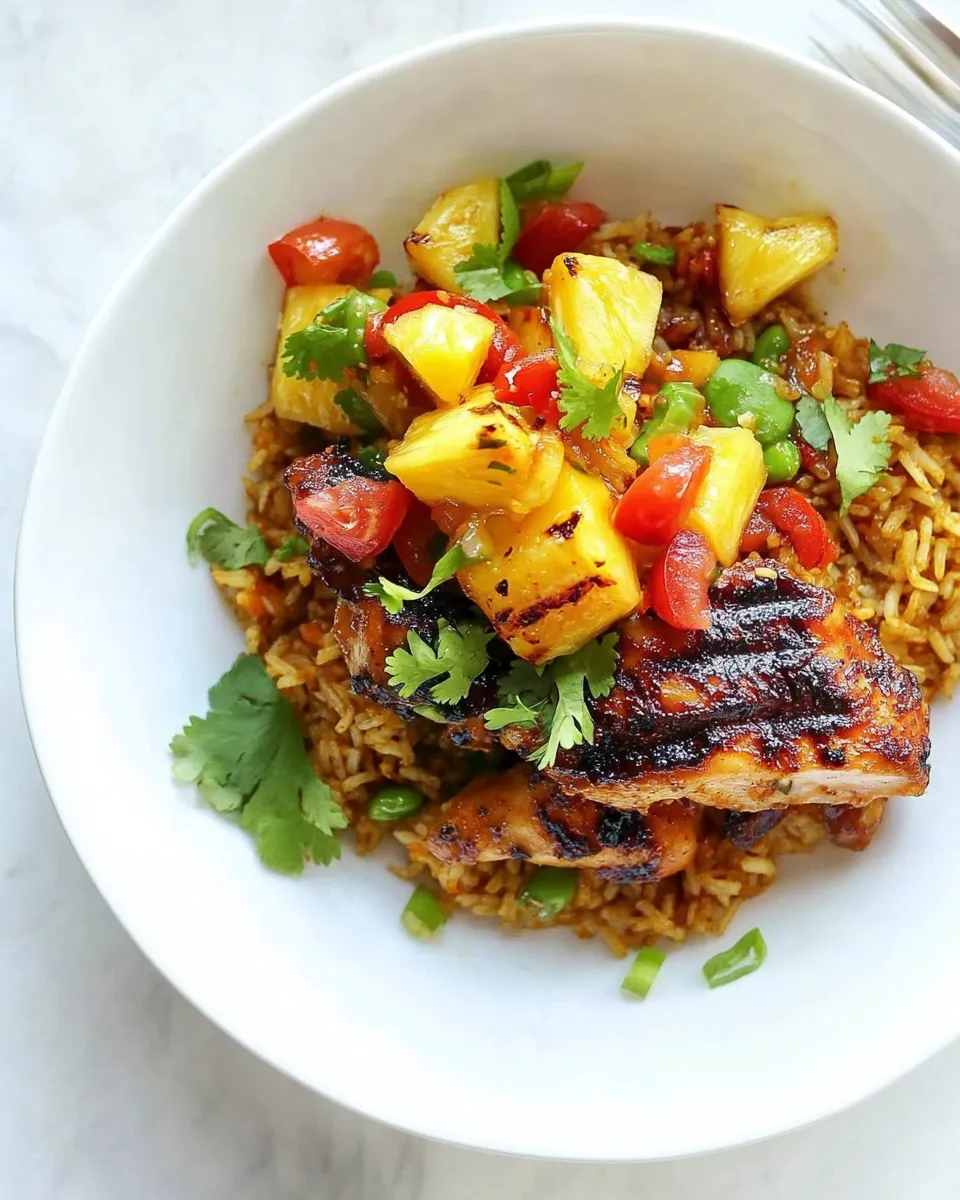 Classic Jerk Chicken with Fired Rice and Grilled Pineapple Salsa. dish photo