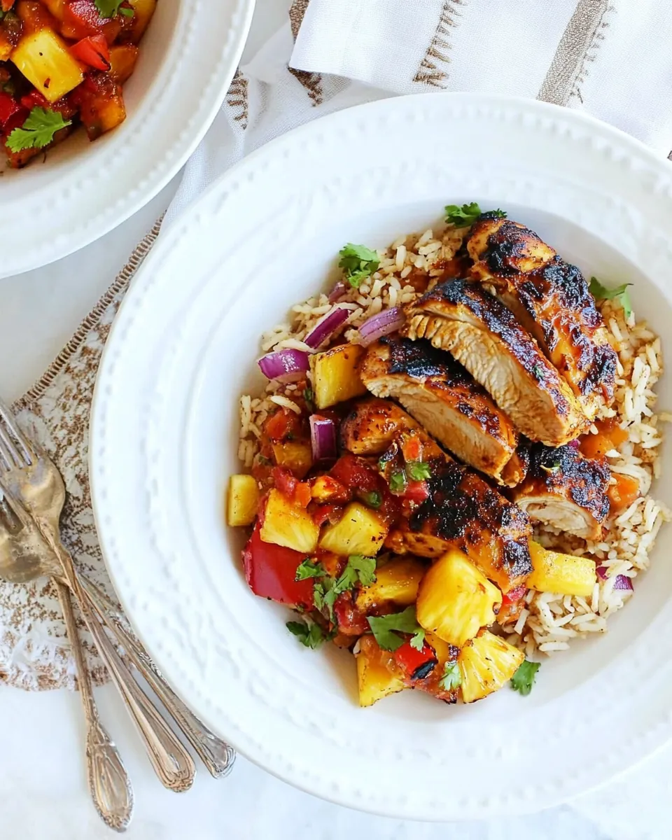 Easy Jerk Chicken with Fired Rice and Grilled Pineapple Salsa. food shot