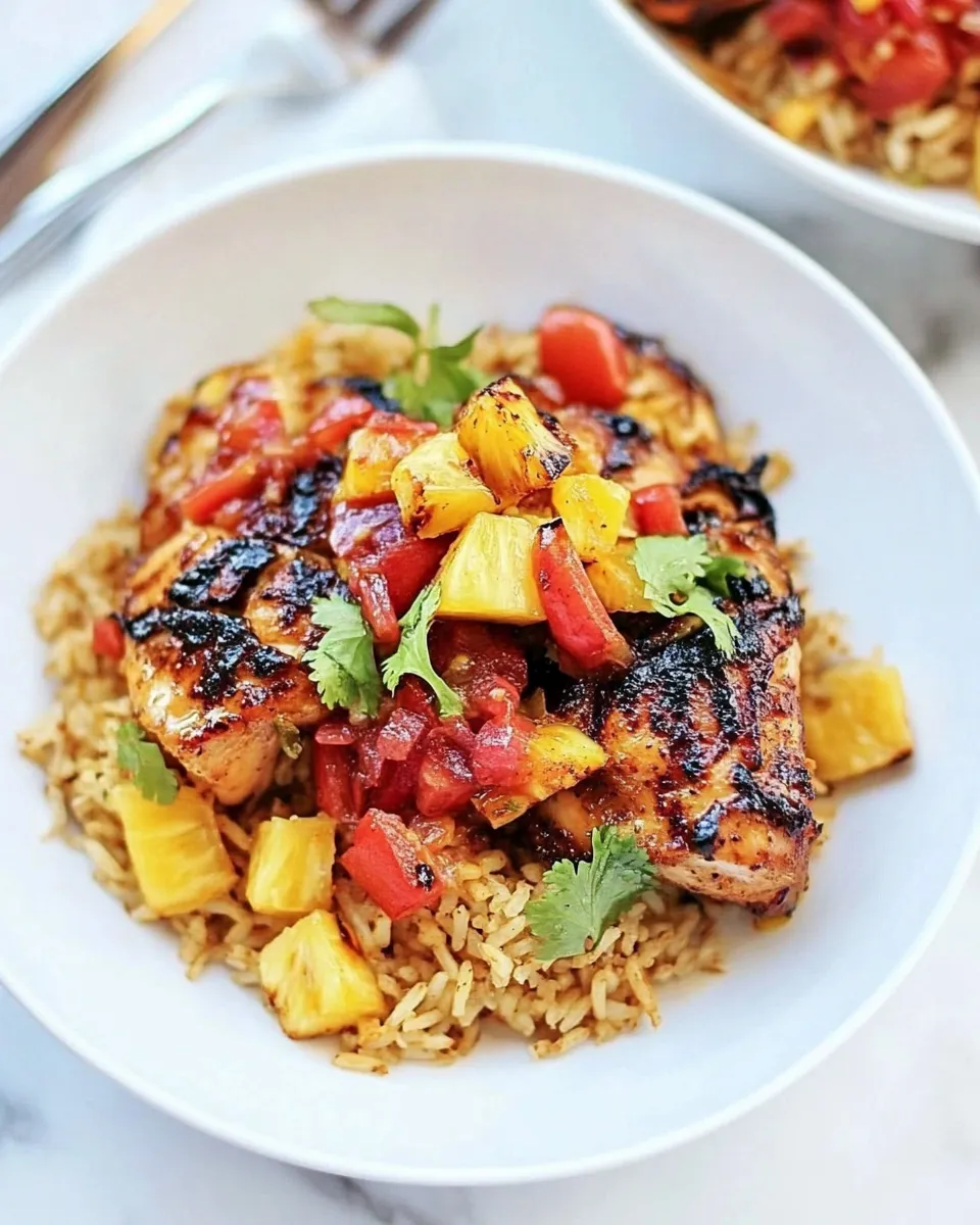Delicious Jerk Chicken with Fired Rice and Grilled Pineapple Salsa. plate image