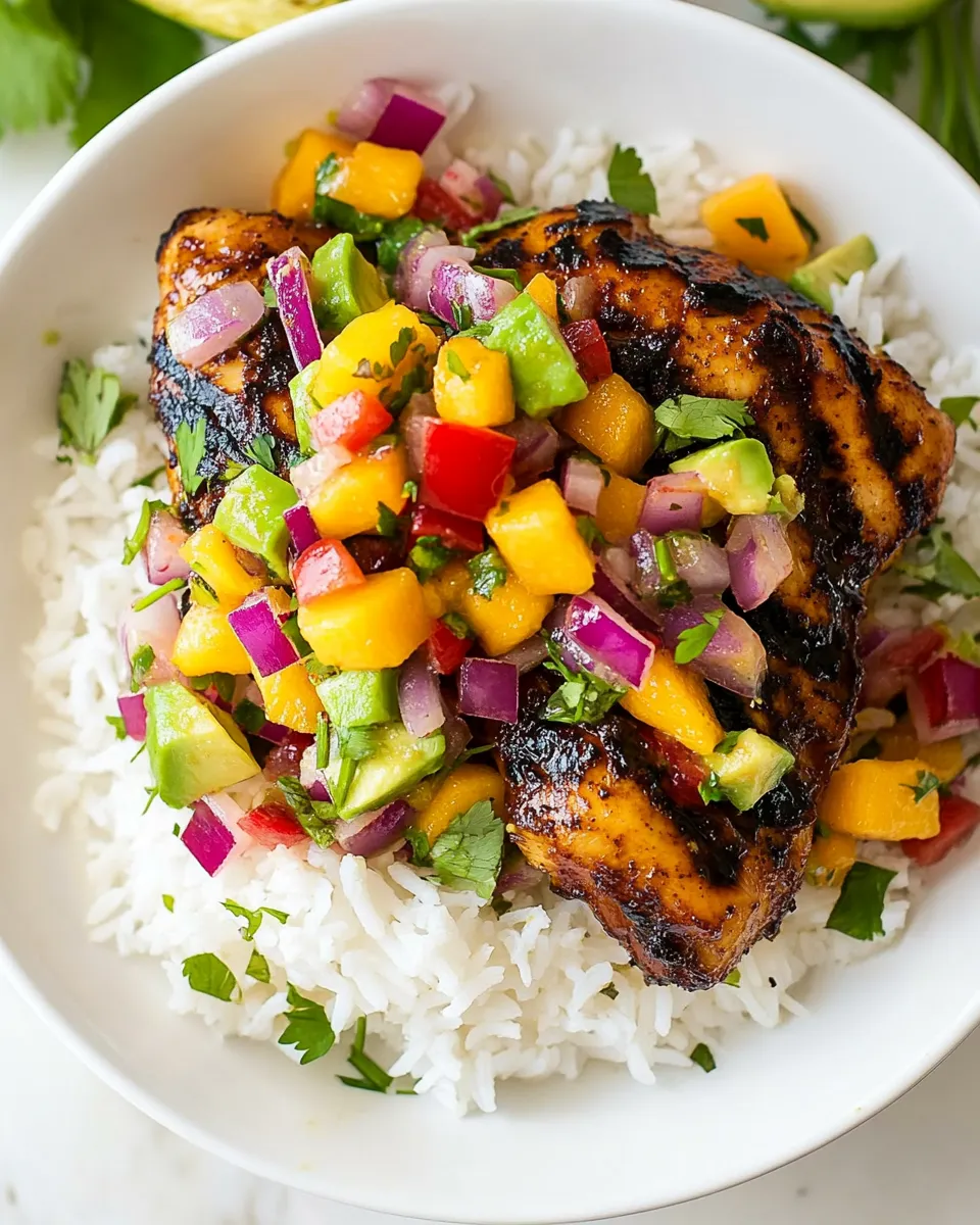 Classic Jerk Chicken with Mango Avocado Salsa and Coconut Rice image