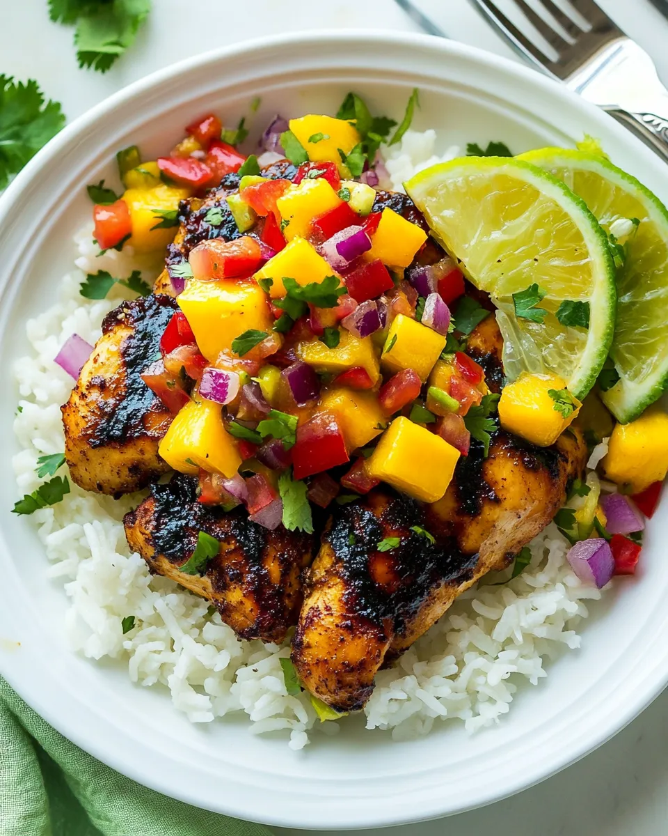 Easy Jerk Chicken with Mango Avocado Salsa and Coconut Rice recipe photo