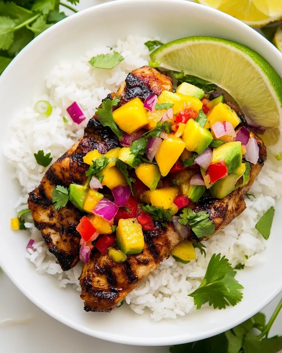 Delicious Jerk Chicken with Mango Avocado Salsa and Coconut Rice dish photo