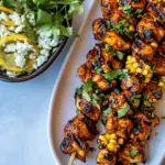 Homemade Lemon Feta Paprika Chicken Skewers with Charred Corn. recipe photo