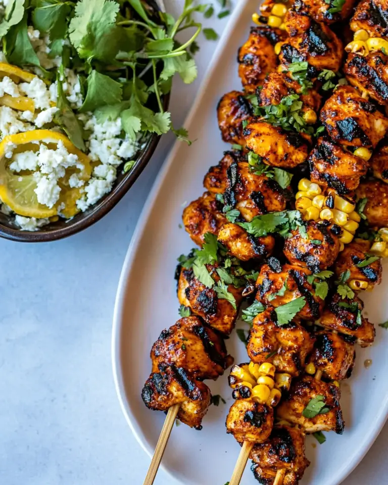Homemade Lemon Feta Paprika Chicken Skewers with Charred Corn. recipe photo
