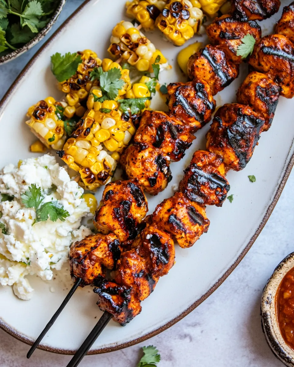 Classic Lemon Feta Paprika Chicken Skewers with Charred Corn. dish photo