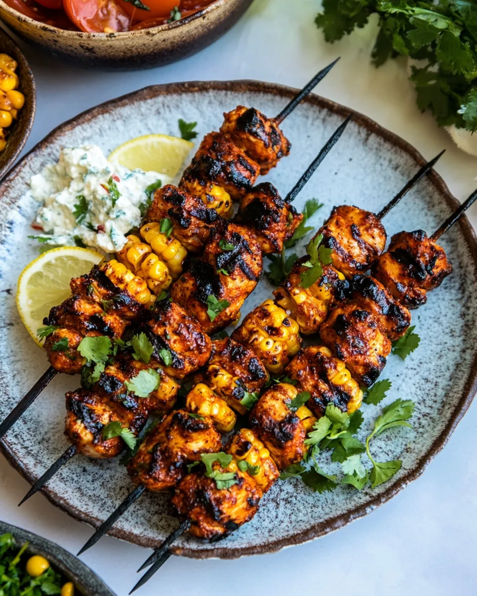 Easy Lemon Feta Paprika Chicken Skewers with Charred Corn. food shot