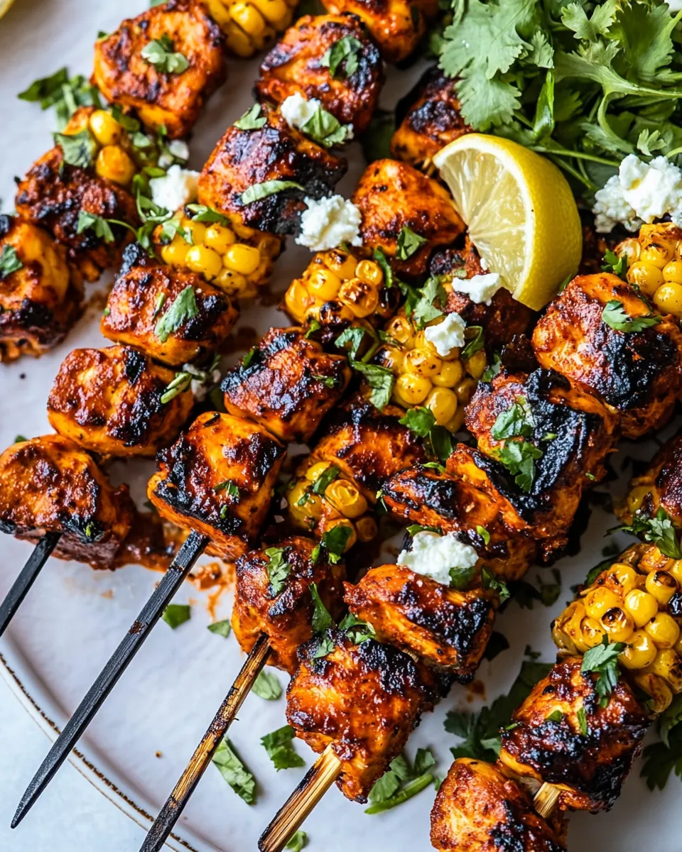 Delicious Lemon Feta Paprika Chicken Skewers with Charred Corn. plate image