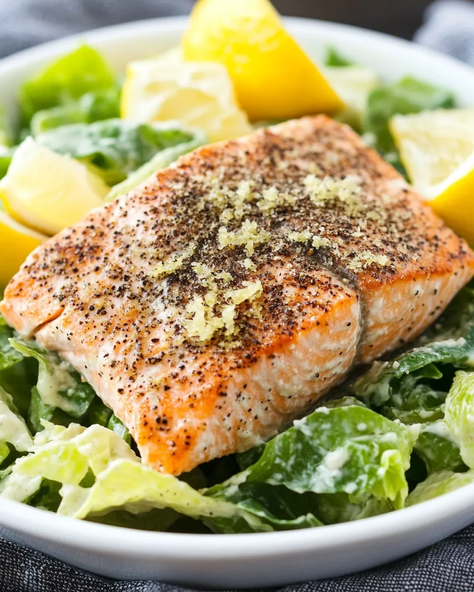 Homemade Lemon Pepper Salmon Caesar Salad Recipe photo