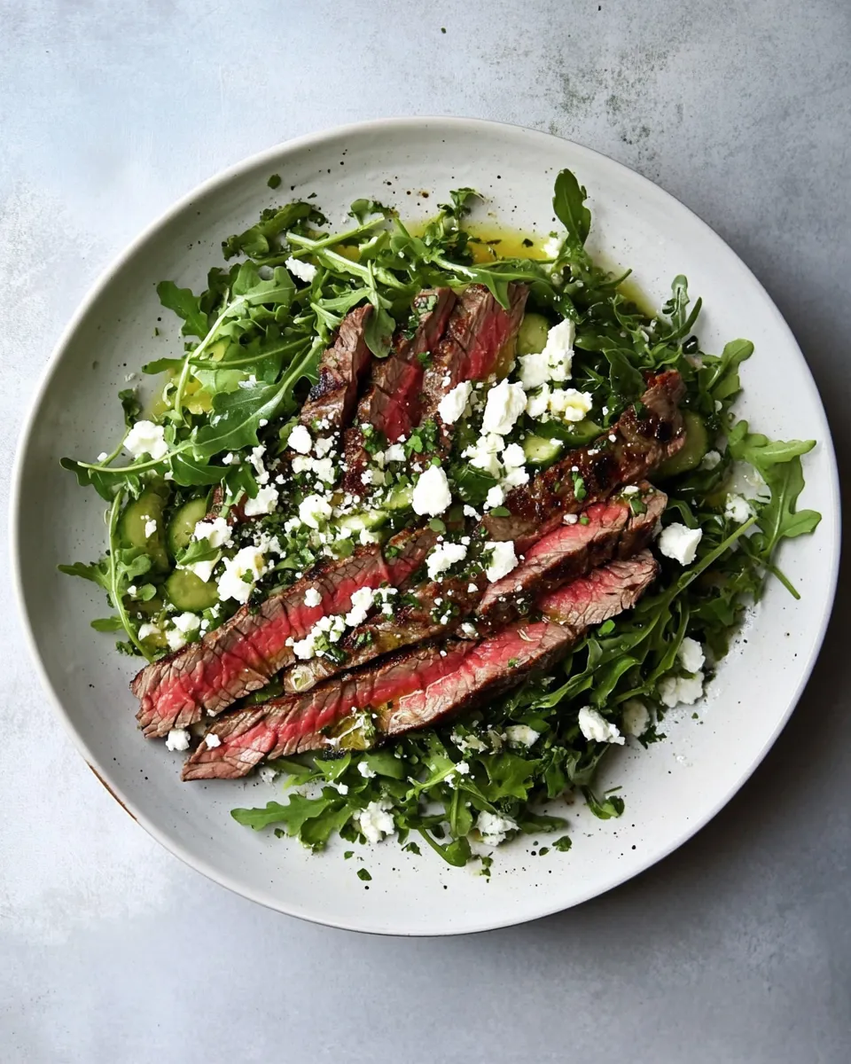 Easy Marinated Flank Steak Salad with Feta and Arugula food shot