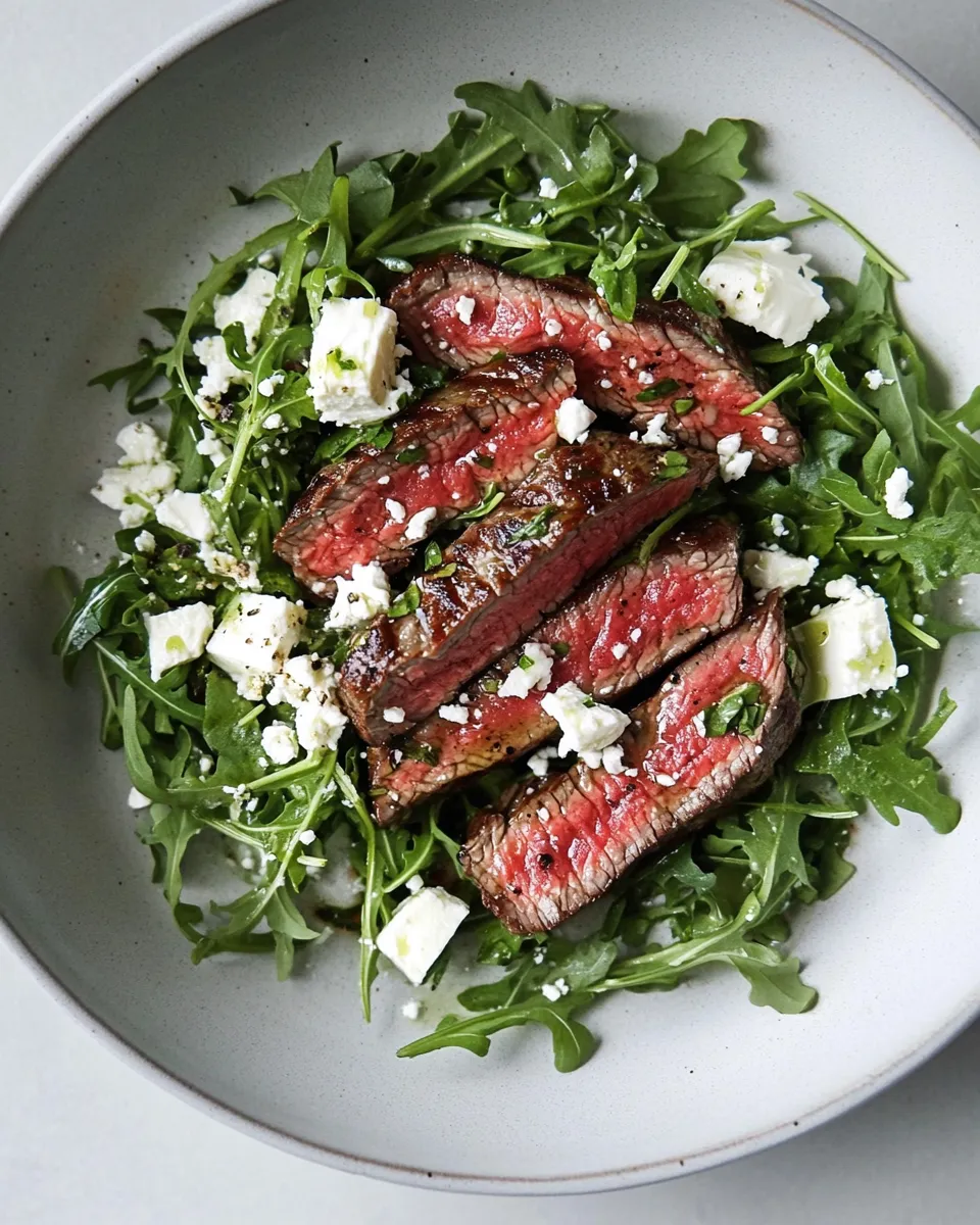 Delicious Marinated Flank Steak Salad with Feta and Arugula plate image