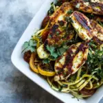 Homemade Mediterranean Chicken and Summer Squash Noodles with Fried Halloumi. recipe photo