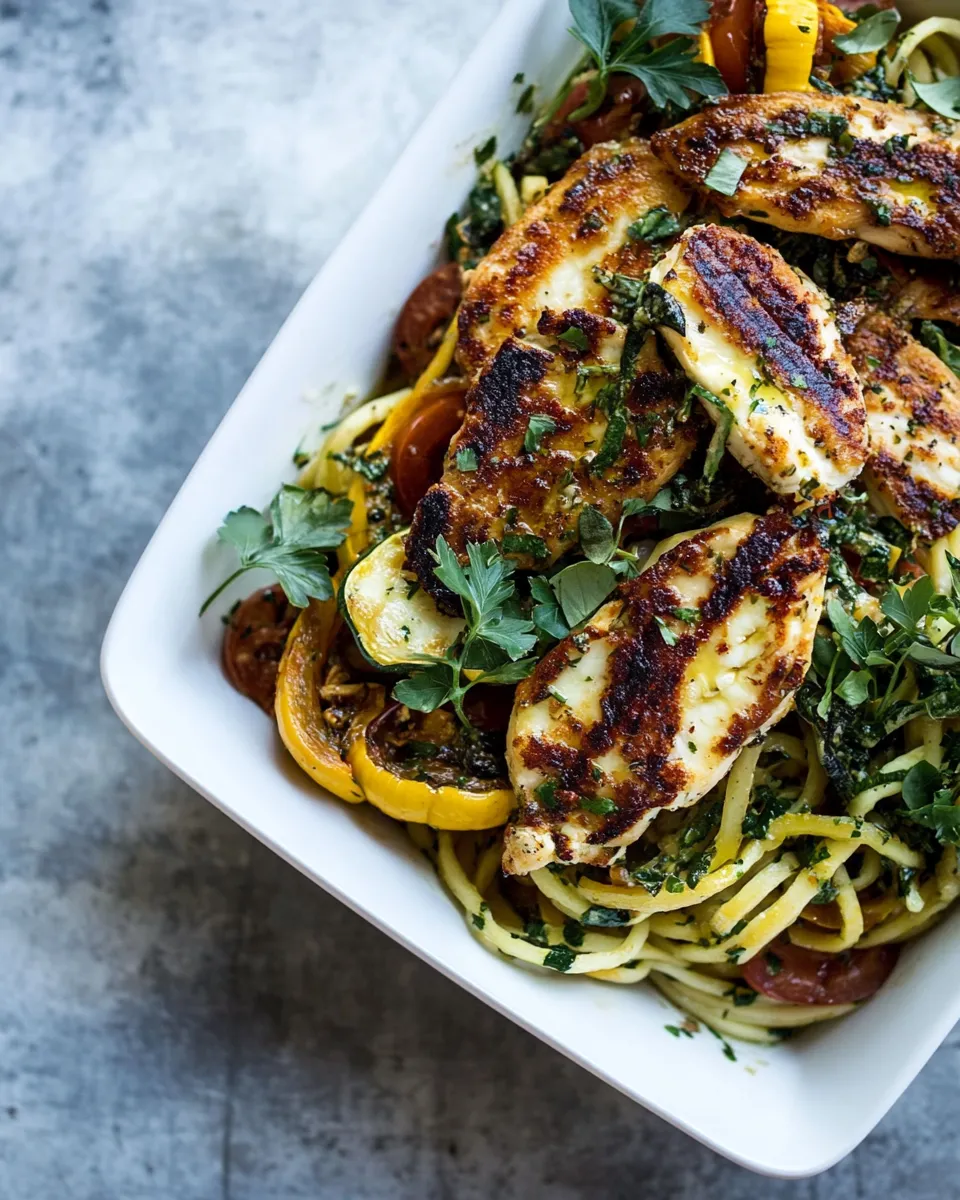 Homemade Mediterranean Chicken and Summer Squash Noodles with Fried Halloumi. recipe photo