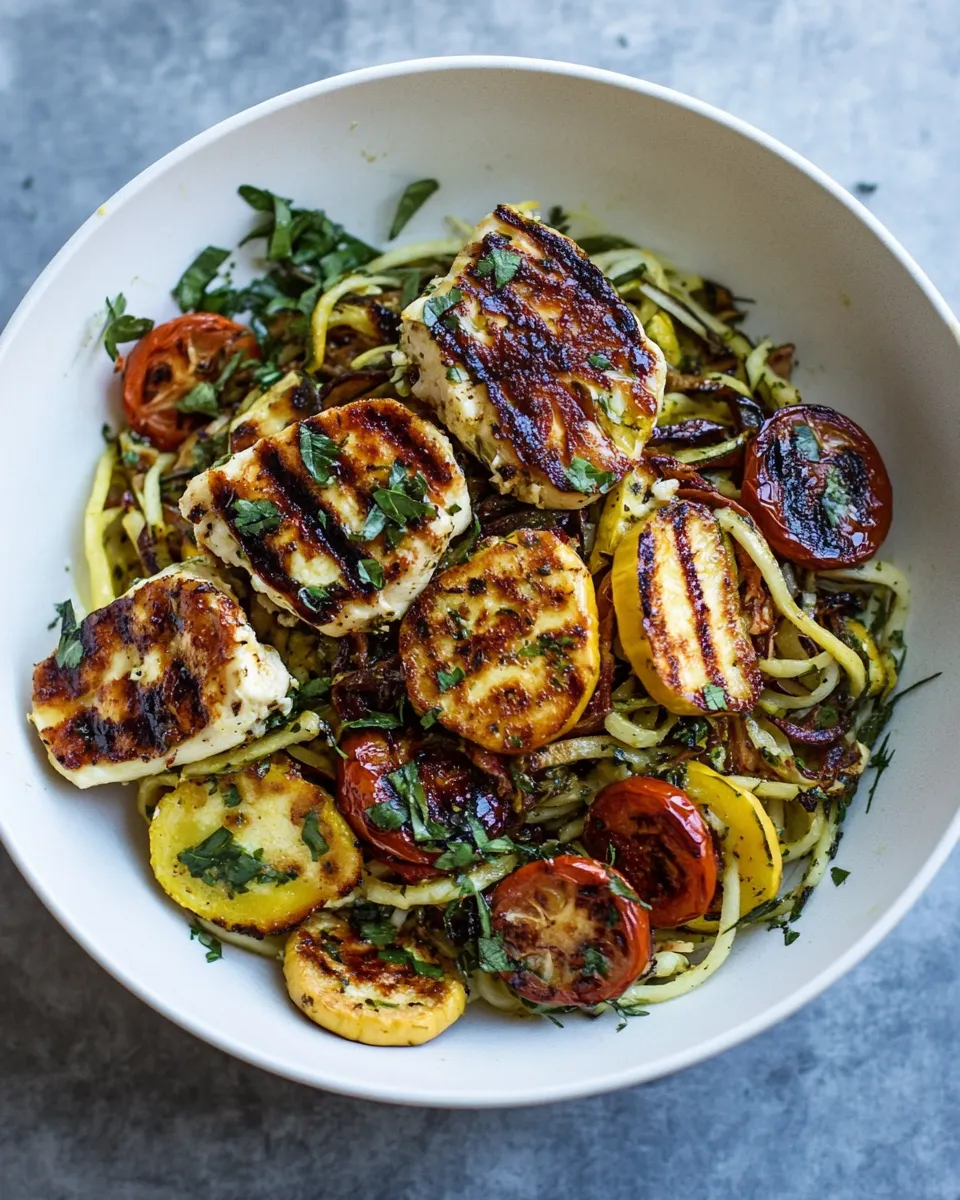 Classic Mediterranean Chicken and Summer Squash Noodles with Fried Halloumi. dish photo