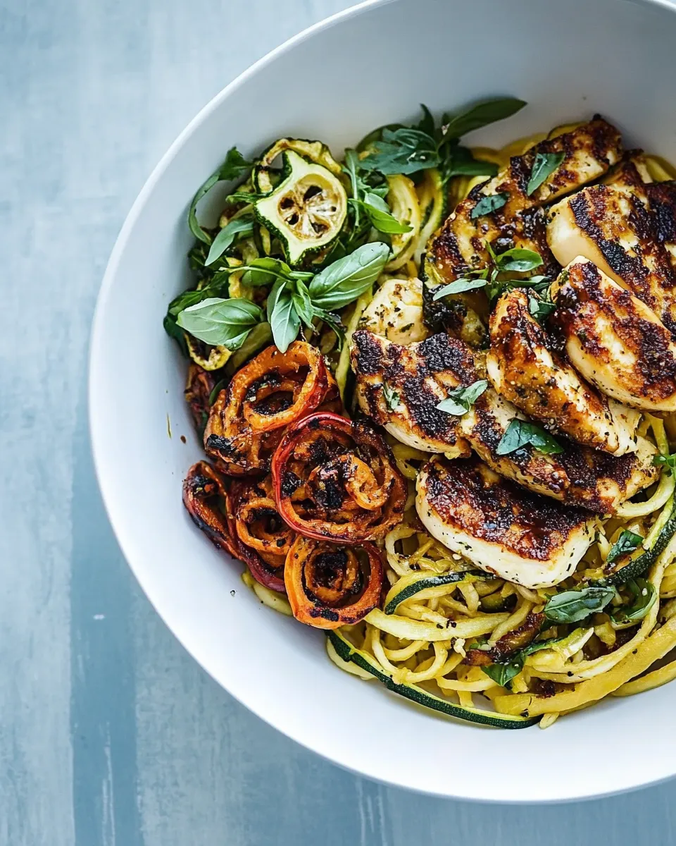 Easy Mediterranean Chicken and Summer Squash Noodles with Fried Halloumi. food shot