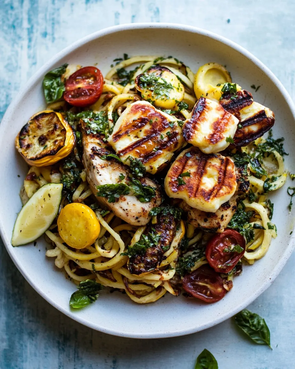Delicious Mediterranean Chicken and Summer Squash Noodles with Fried Halloumi. picture
