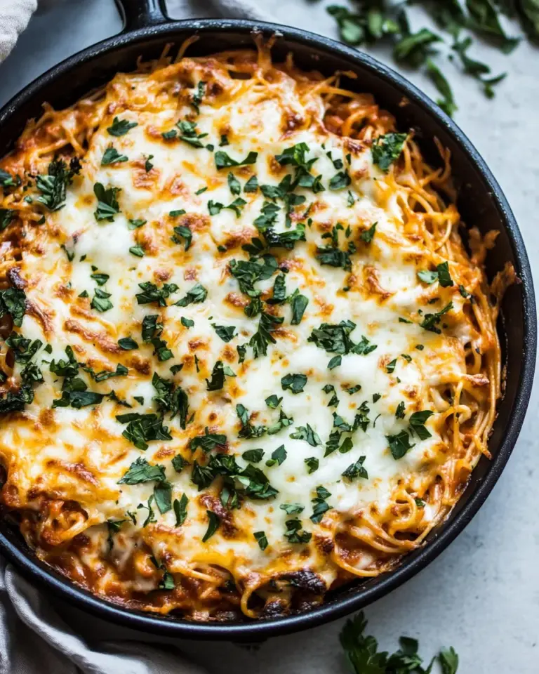 homemade One-Pan Cheesy Spaghetti Pie. photo