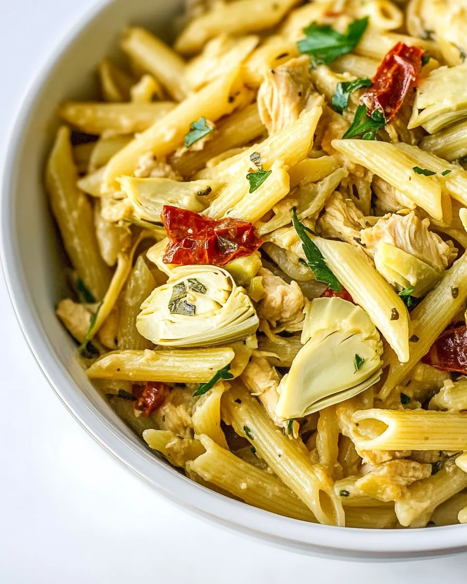 delicious One-Pot Chicken Artichoke Penne shot